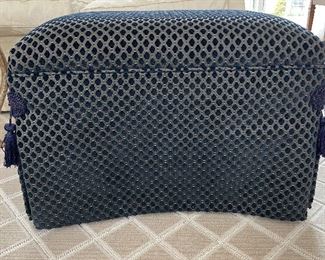 Navy Blue Upholstered Ottoman with Tassel Trim. Measures 25" x 19" x 18" H. Photo 1 of 3. 
