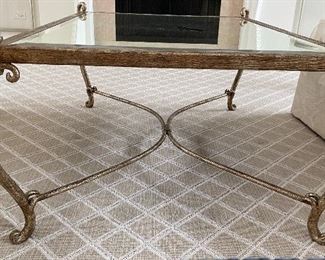 Mirror-Top Faux Bois Bronzed Metal Cocktail Table. Measures 45" W x 32" D x 19" H. Photo 2 of 5.