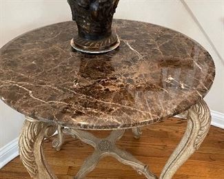 Reproduction Regency-Style, Crackle Finish, Marble-Top Entry Table. Measures 36" H with 31" D. Photo 2 of 4. 