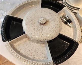 Vintage Frazier pottery relish tray and wooden lazy susan