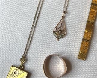 2 Necklaces 1 20 12k , 1 Unmarked Wolcott Bracelet From 1915, 1 Unmarked Ring