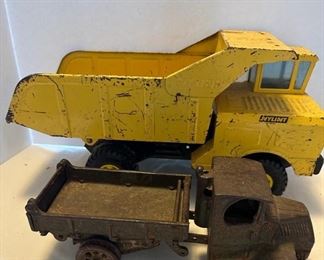 1930s Cast Iron Mack T Bar Dump Truck and Nyint Metal Toy Dump Truck