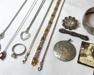 925 3 Bracelets, 925 3 Necklaces, Sterling Sz 9 CZ Ring, Pewter Pendant, More