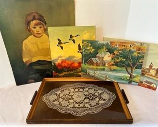 1950s Paint By Number, 3 Prints On Heavy Duty Material, Vintage Tray with Handmade Doily