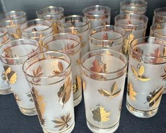 1960s Hollywood Regency Style Frosted Gold Leaf Glasses 16 Total