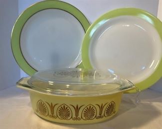 1963 Pyrex Promo Golden Classic Lidded Casserole Dish and Two Lime Green Pyrex Platters