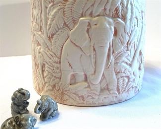 1970s Pale Pink Ivory Ceramic Elephant Planter 3 Small Ceramic Elephant Figurines