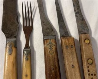 Antique 4 Prong Fork and Knife Civil War Era Bone Pewter Inlay and Three Primitive Knives