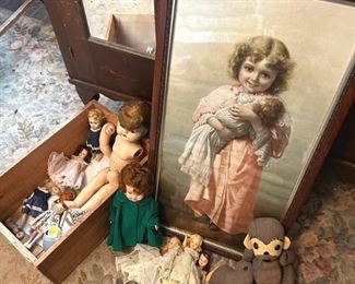 Antique Dolls, Framed Art, Wooden Box