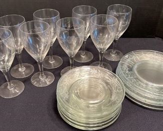 Antique Etched Glassware 8 Wine Glasses, 10 Bread, 7 Salad