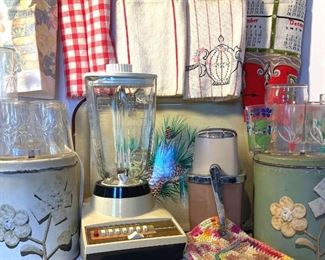 Blue Magic Krispy Kan Canisters, Blender and Grinder, Tea Towels, Juice Glasses, and Potholders