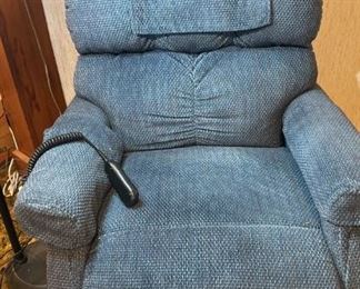 Blue Upholstered Power Recliner In Working Condition with Magnifying Lamp