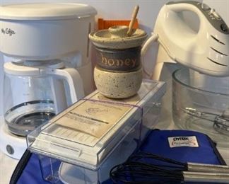GE Hand and Stand Mixer, Mr.Coffee Maker, Pyrex Lidded 11x7 Dish, Super Slicer, and Wisks