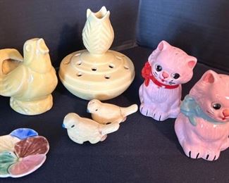 MCM Pink Kitty SP Shakers, Bird SP, Yellow Bird Planter, Yellow Tulipiere Vase, Flower Dish