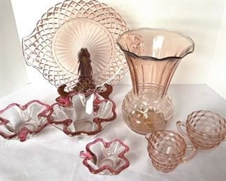 MCM Set of 3 Clover Heavy Glass Bowls, Pink Depression Glass Sugar Creamer Set, More