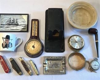 Mens Vintage Pocket Knives, Pipe Made In Italy, Ironstone Shave Bowl, Airguide Barometer