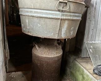 Metal Milk Can, Galvanized Steel Tub, and Wooden Tool Bin
