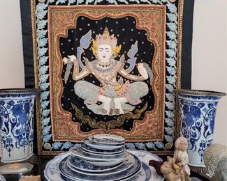 Vintage Asian Tapestry Art and more Blue and White ceramic items