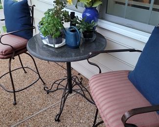 Very heavy wrought iron balcony height bar stools and table