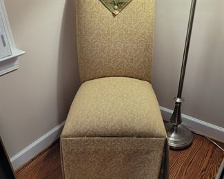 slipper-Parsons chairs, a pair, with elephant fabric that matches the four rattan arm chairs