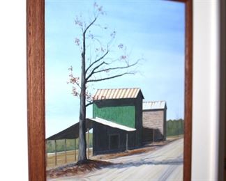 original oil painting of tobacco barns