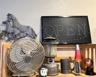 Snap on wrench mug, coke man lantern, mini lava lamp, cool vintage fan, retro date bubble & thermometer, light-up open sign, cast aluminum horses