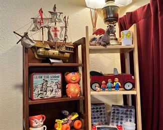 Wild Bill Hickok lunchbox Bernstein bears, Tim toy car, fisher price jalopy car, pebbles & bam-bam cups, transformers cup, marbles, beanie baby dragon, big bird Sesame Street cup, ship model, vintage pig bank