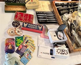 Pokémon cards, Beltone hearing aid, crazy old & vintage Dominoes. Nice knife set