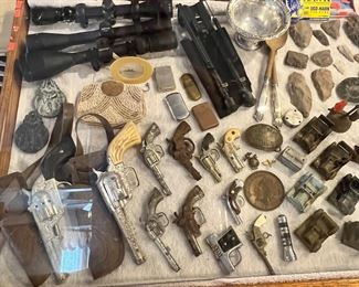 Amazing vintage- antique? Cap gun collection, scopes, beaded purse, sterling silver bowl, sterling handle servers