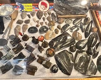 Fantastic collection of pencil sharpeners, cut & polished fossils, & arrowheads 