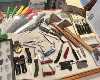 Lots of knives… case, buck, Victorinox, leather man’s, binoculars, pocket watch, axes by plumb. & Collins, kitchen knives by Cutco! & Fiesta as well as others 