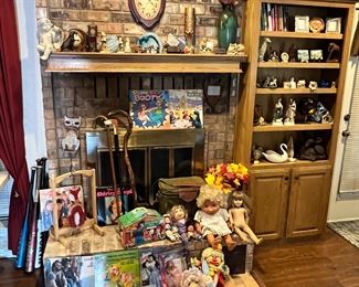 WW1 trench art shell casing floral vase, Records, toys, dolls Barbie’s, Miss Piggy, cabbage patch clown, American Girl Doll, vintage Strawberry Shortcake & friends, mid century hanging pottery animals, orvis cooler bag… carry…drinks, fish, pheasants, or even a duck! Marshal pottery crock, cool canes