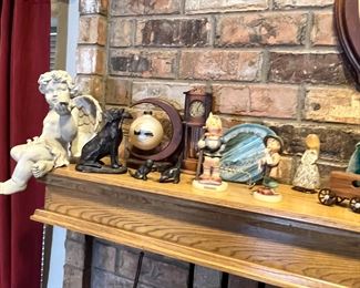 Hummels, Cast-iron golden retriever, Geode slice and cool matching Geode book ends, old pocket watch set in miniature wood grandfather clock.