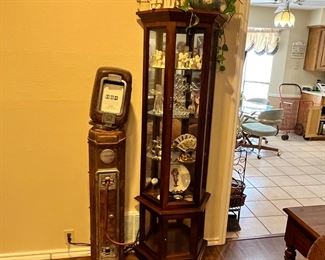 Incredible old Eco Tireflator on an even rarer tall stand. This thing is so cool! More pics of it later… talk 1/2 octagon mirrored & internally lit curio cabinet full of snow babies, crystal, glass and other delicate decor