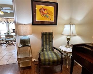 Rare full size LeRoy Neiman, Show Jumper, Screenprint, signed in pencil!
Cool modern mirrored & gold geometric shelf/table. Great marble top table, swanky mid century single chair & a fun and funky lamp.