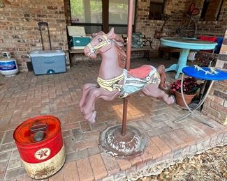 Great decorator carousel horse, we think it is cast metal, possibly aluminum. It’s bolted in, but yes we can sell it. Come buy it and we’ll figure out freeing him together!