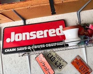 Large & rare metal Jonsered chain saws & power equipment sign 