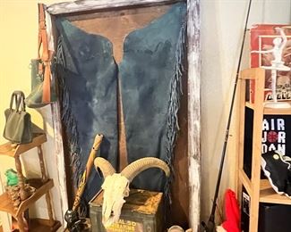 Killer blue suede chaps in a rustic white washed frame. Ready to hang!