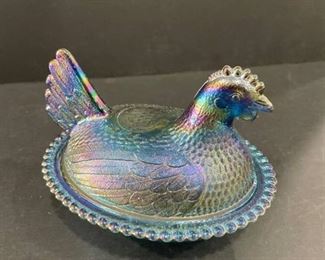 Carnival glass hen and nest covered candy dish