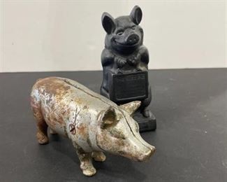 Vintage cast iron the wise pig and other pig coin bank