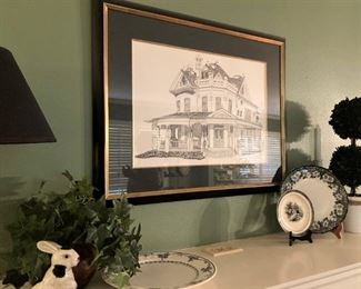 Black & white accessories; framed pin & ink of "The Butler House" at Fannin and Charnwood