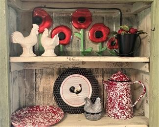 Red & white speckled ware; rooster dishes