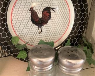 One of several rooster plates; rooster salt & pepper