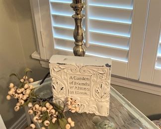 Small side table; brass lamp