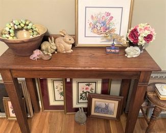 Small side table; bunnies; art work