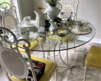 Glass top table & 4 chairs; Waverly "Garden Room" dishes