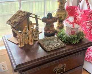 Nightstand; nativity; brass lamp