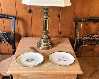 Small side chest; brass lamp