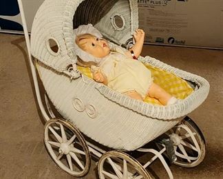Antique Wicker Metal Baby Doll Stroller 