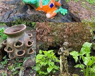 Boy Statue 
Large Terra Cotta Planter 
Colorful Lounging Ceramic Frog 